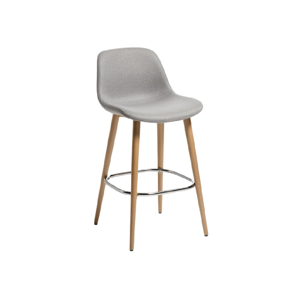 Modern Upholstered Bar Stool with Wooden Legs and Chrome Footrest